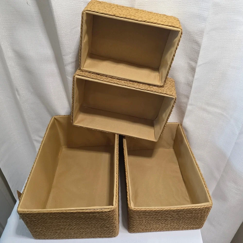 Proland 4 Piece Nesting Woven Storage Basket Set Tan Lined Rectangular Bins